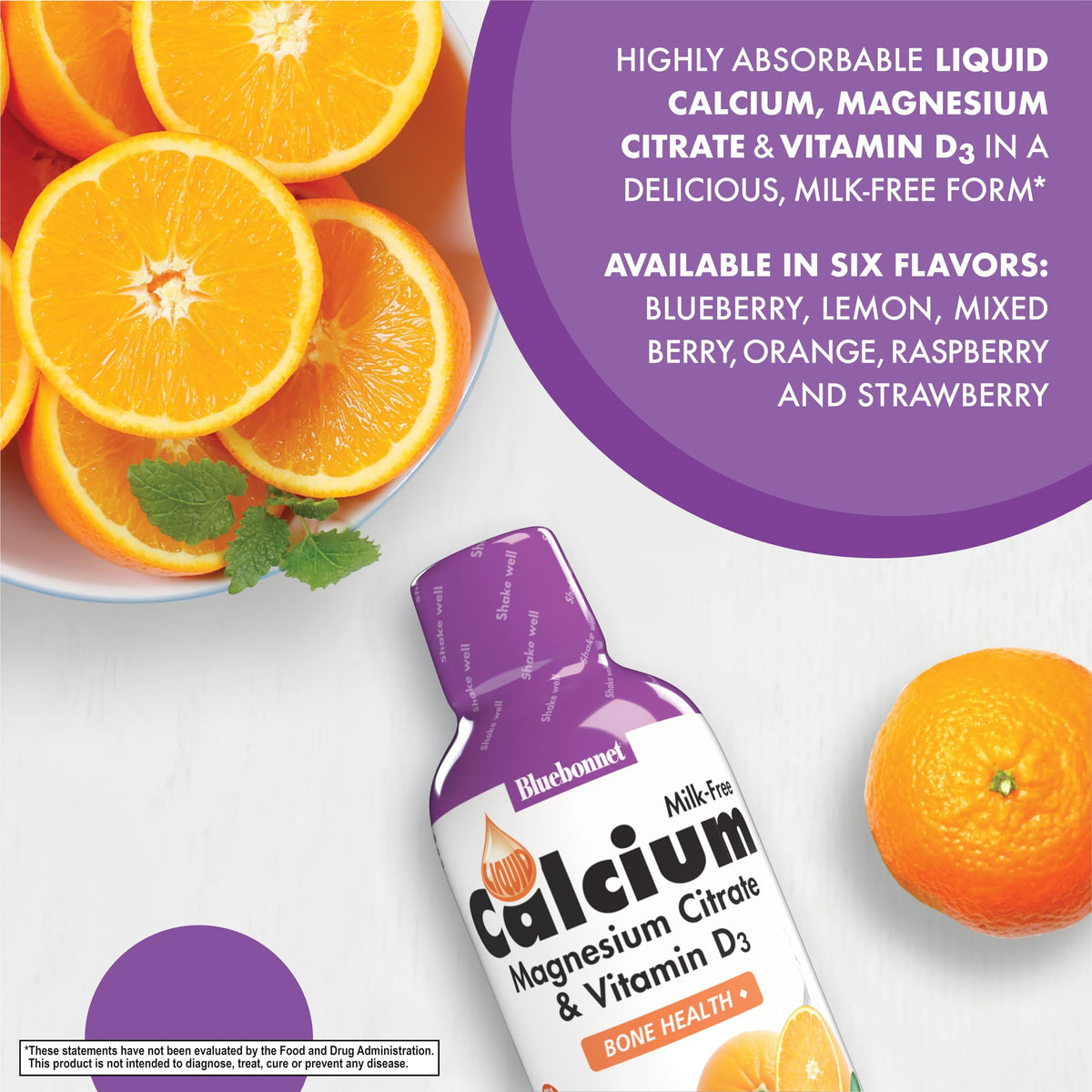 Calcium Liquide BlueBonnet versé dans un verre avec une orange à côté