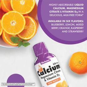 Calcium Liquide BlueBonnet versé dans un verre avec une orange à côté