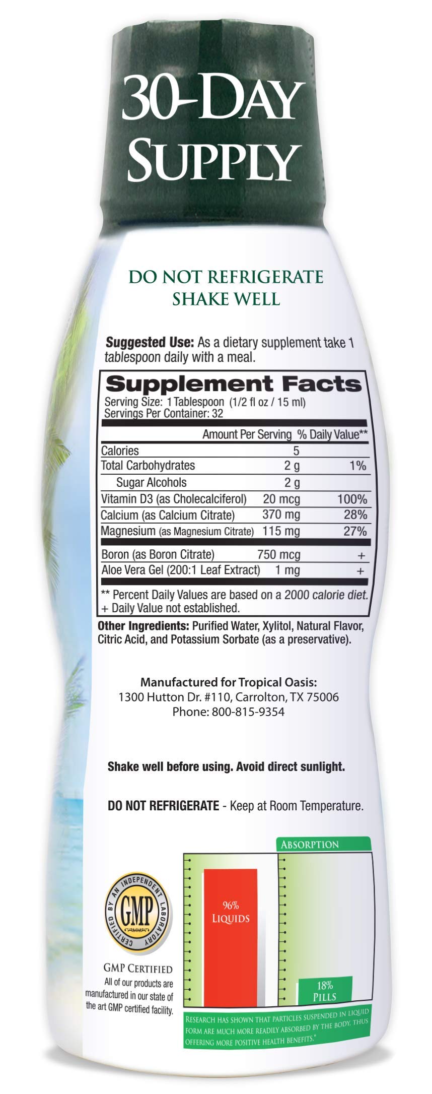 Calcium Liquide Tropical Oasis 480ml avec étiquette orange