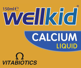 Calcium Liquide Wellkid 150ml avec des ingrédients visibles en arrière-plan