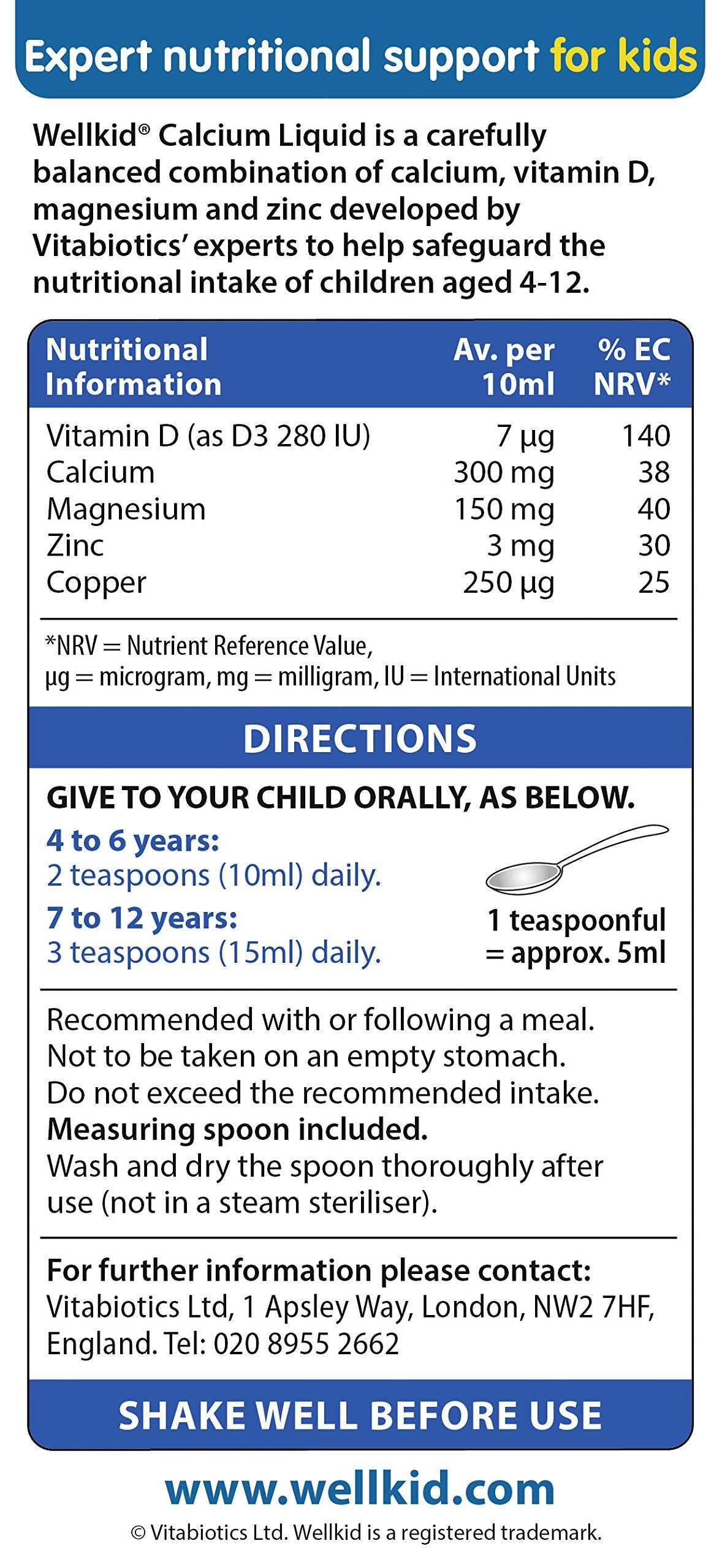 Calcium Liquide Wellkid 150ml versé dans une cuillère