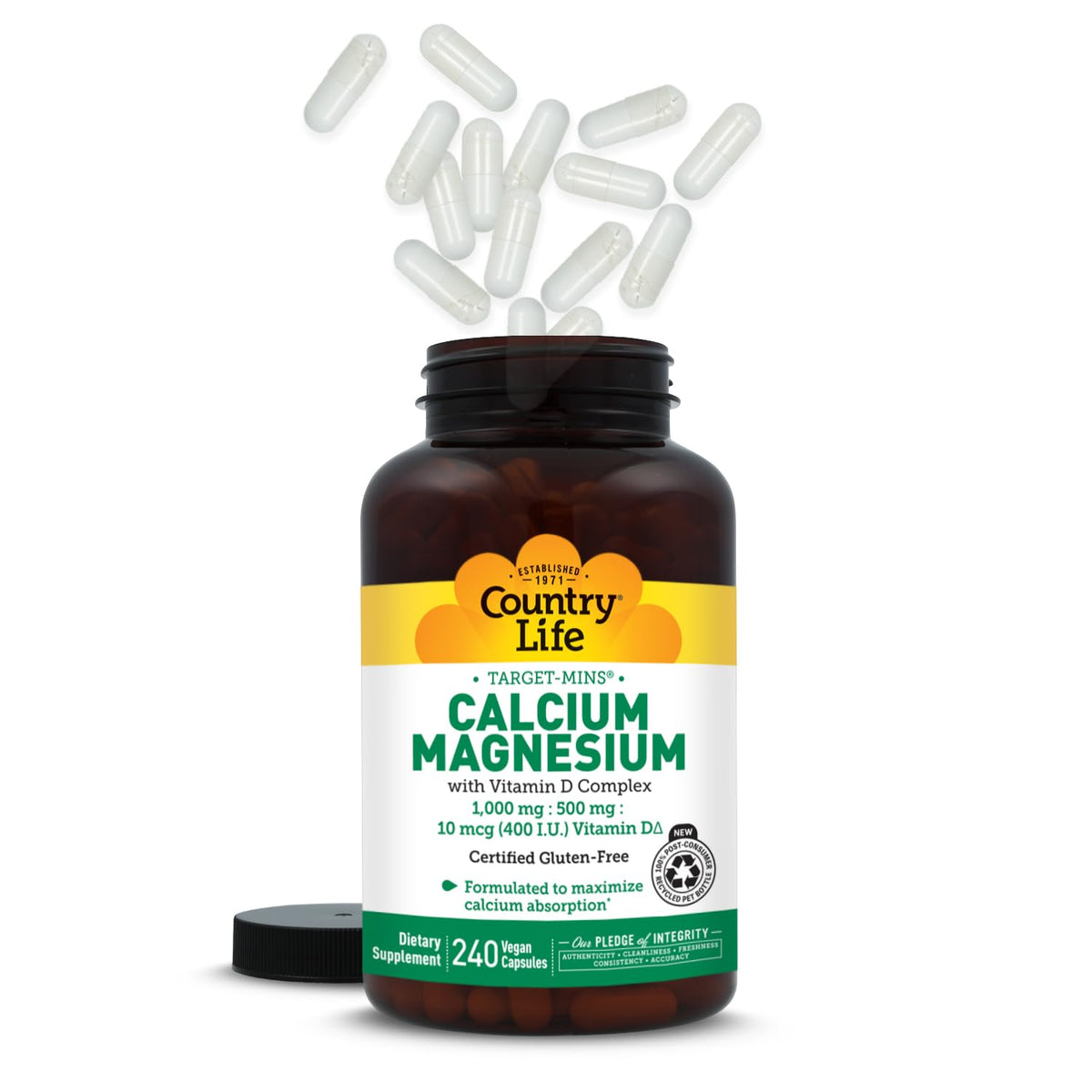 Calcium Magnésium avec Vitamine D Country Life avec un fond naturel
