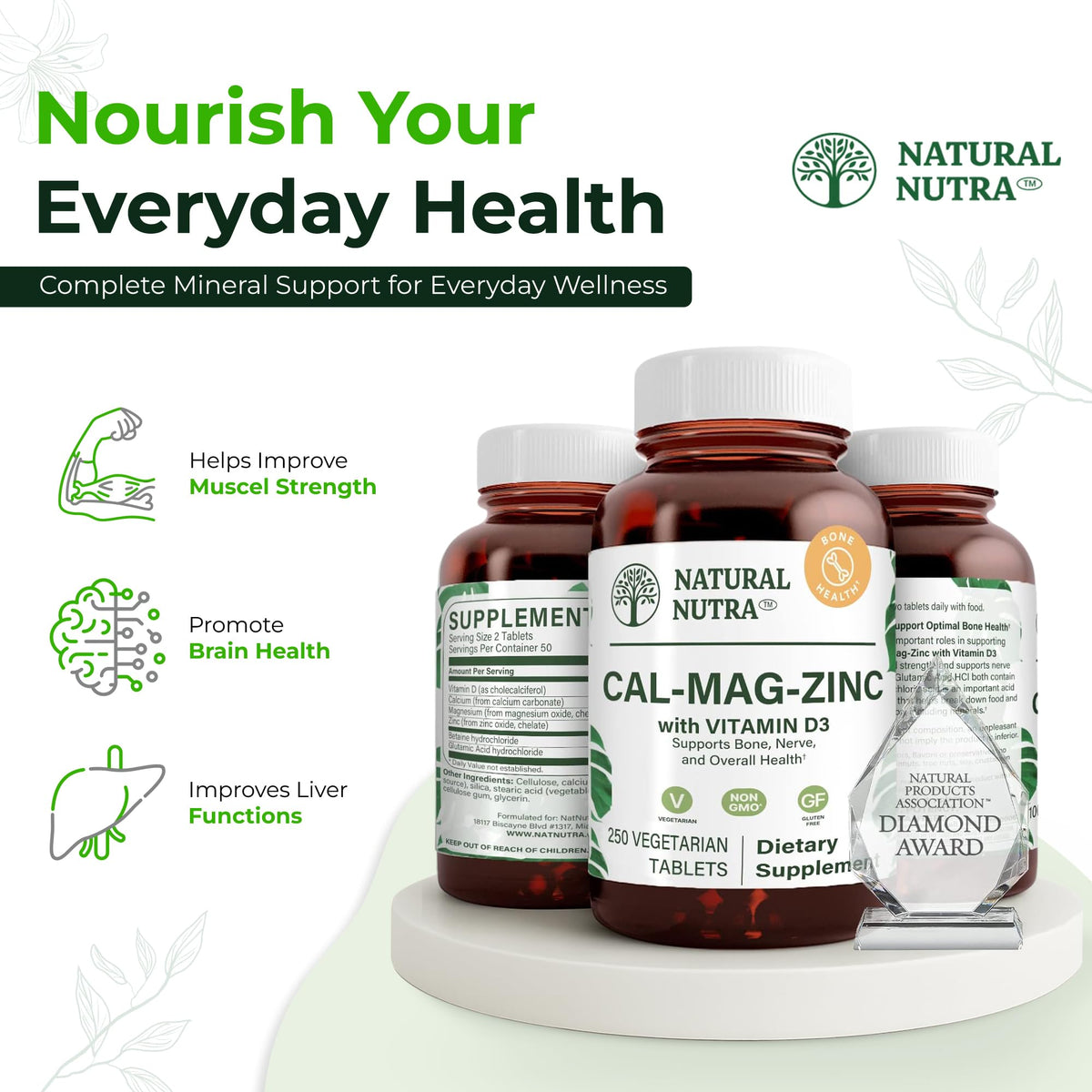 Calcium Magnésium Zinc Natural Nutra sur une table en bois