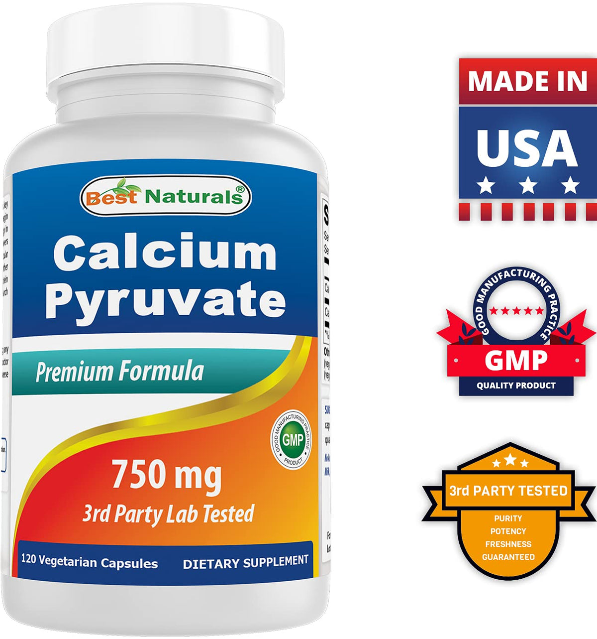 Calcium Pyruvate 750 mg Best Naturals sur table avec lumière naturelle