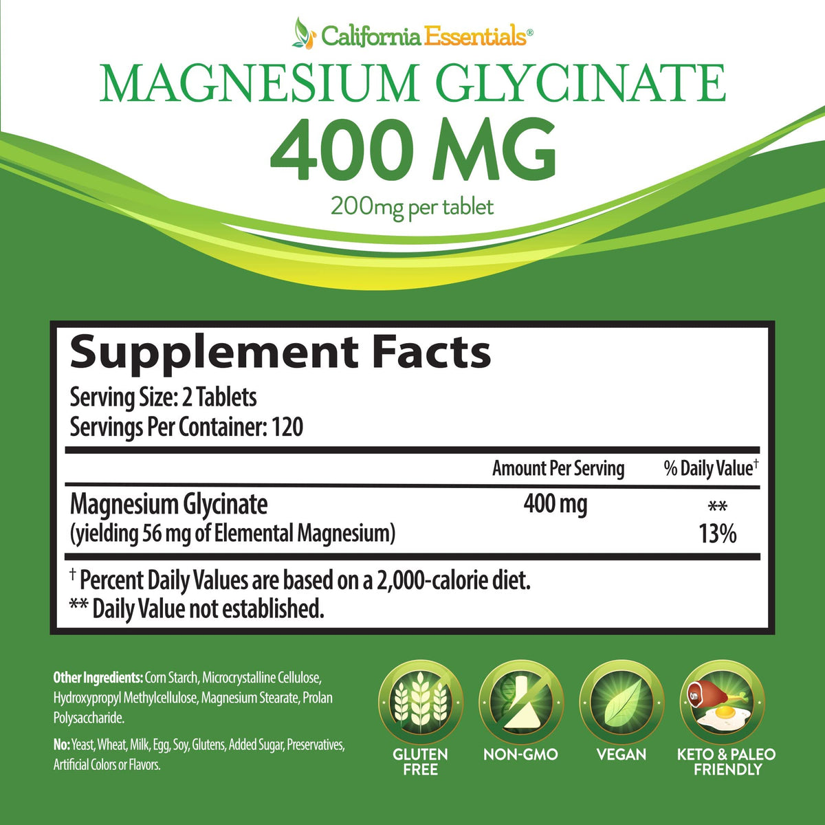 California Essentials Glycinate de Magnésium 400mg comprimés dosage information