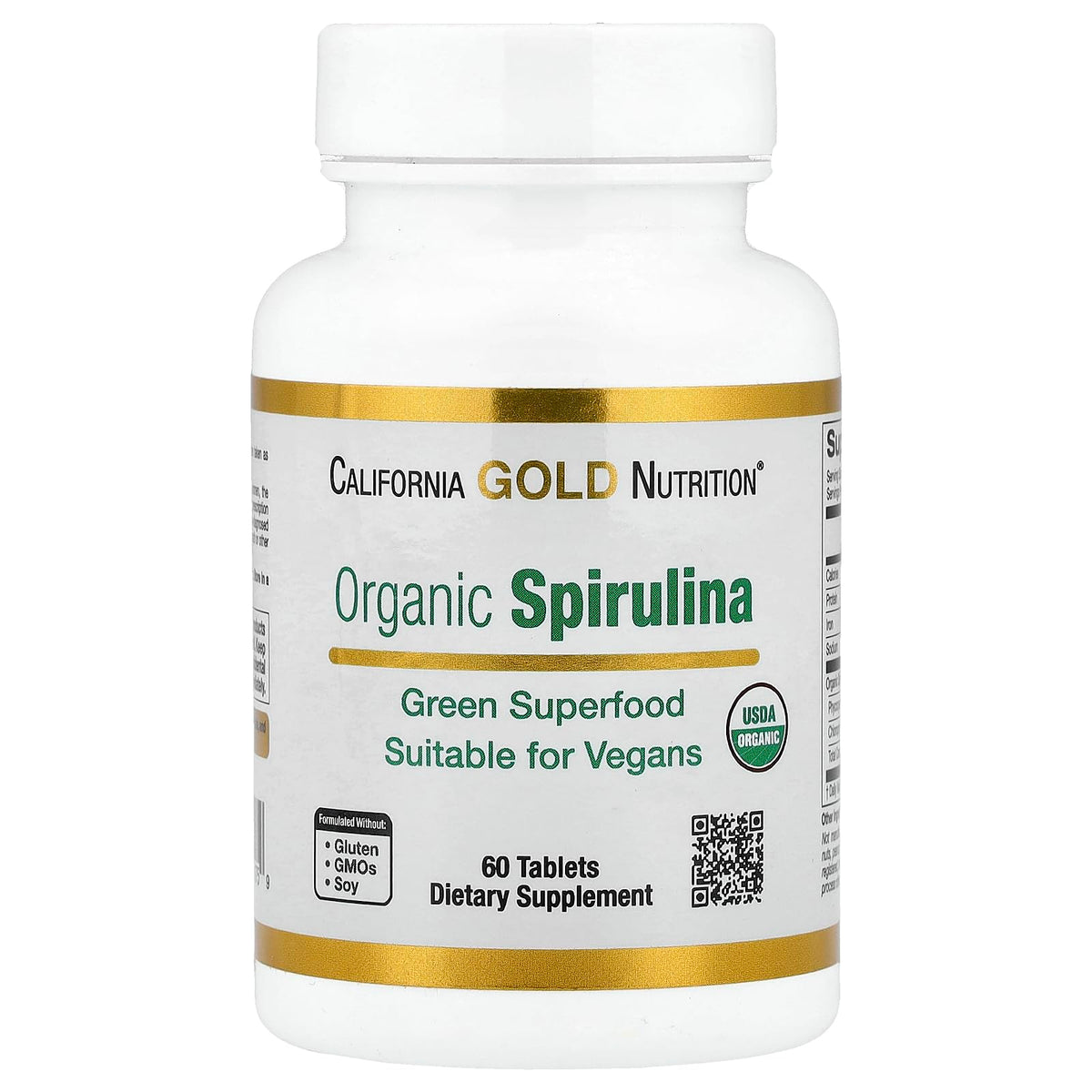California Gold Nutrition Spiruline 500 mg bouteille vue avant avec 60 tablettes