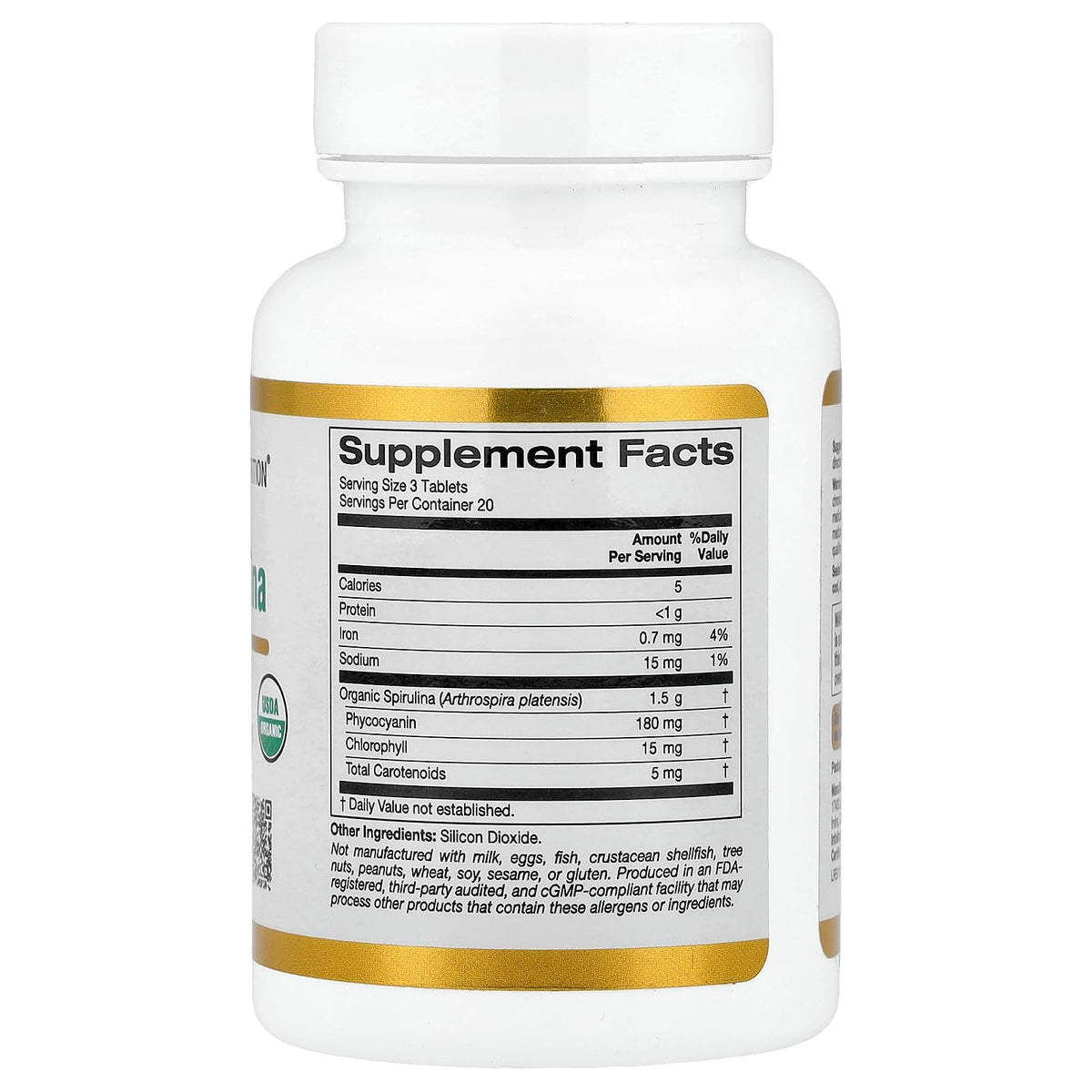 California Gold Nutrition Spiruline 500 mg étiquette avec informations nutritionnelles