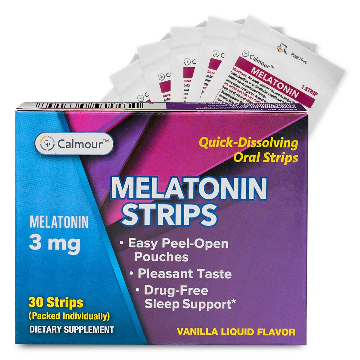 CALMOUR bandes de sommeil orales 3mg de mélatonine, emballage avant