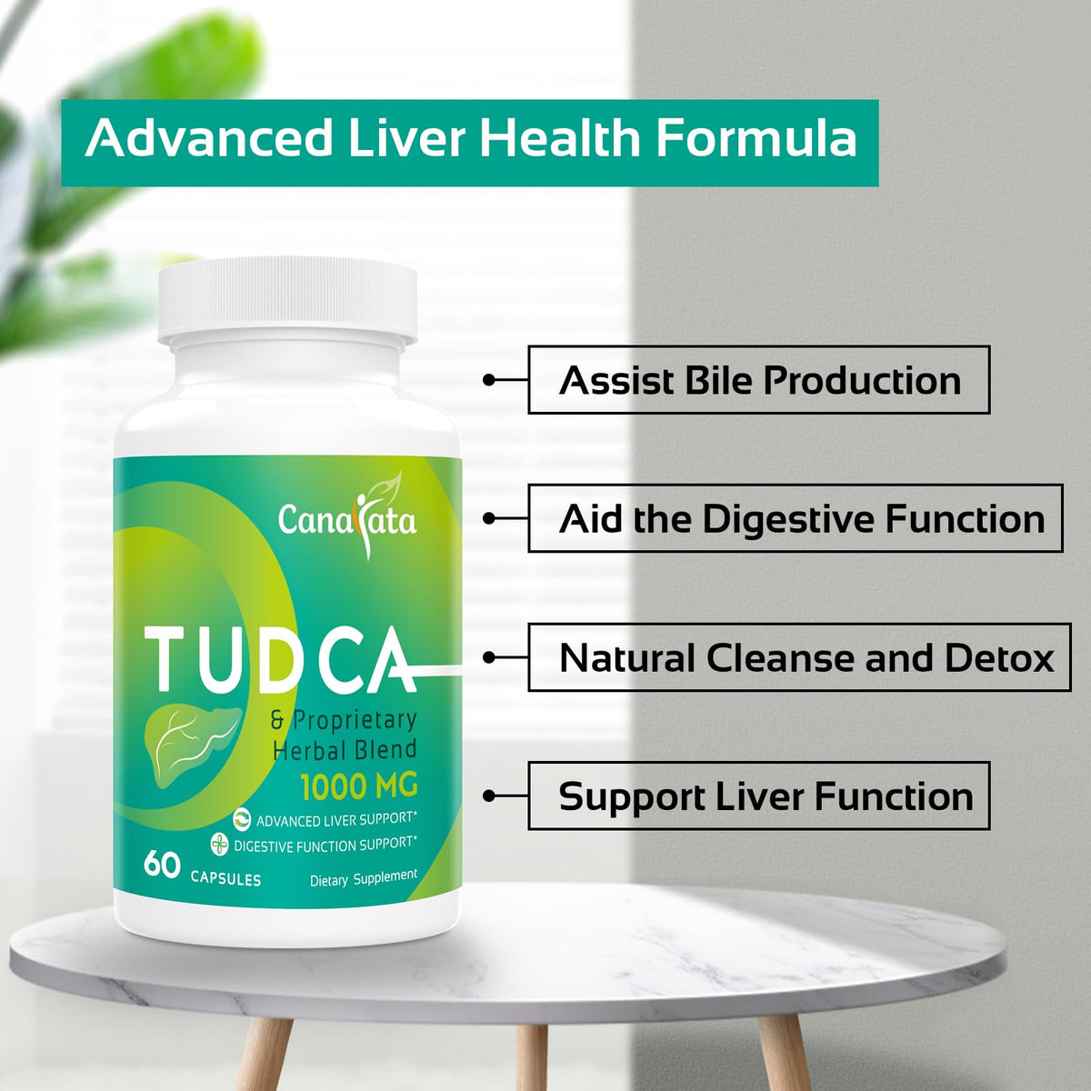 Canarata TUDCA 1000 mg capsules à côté d'un verre d'eau