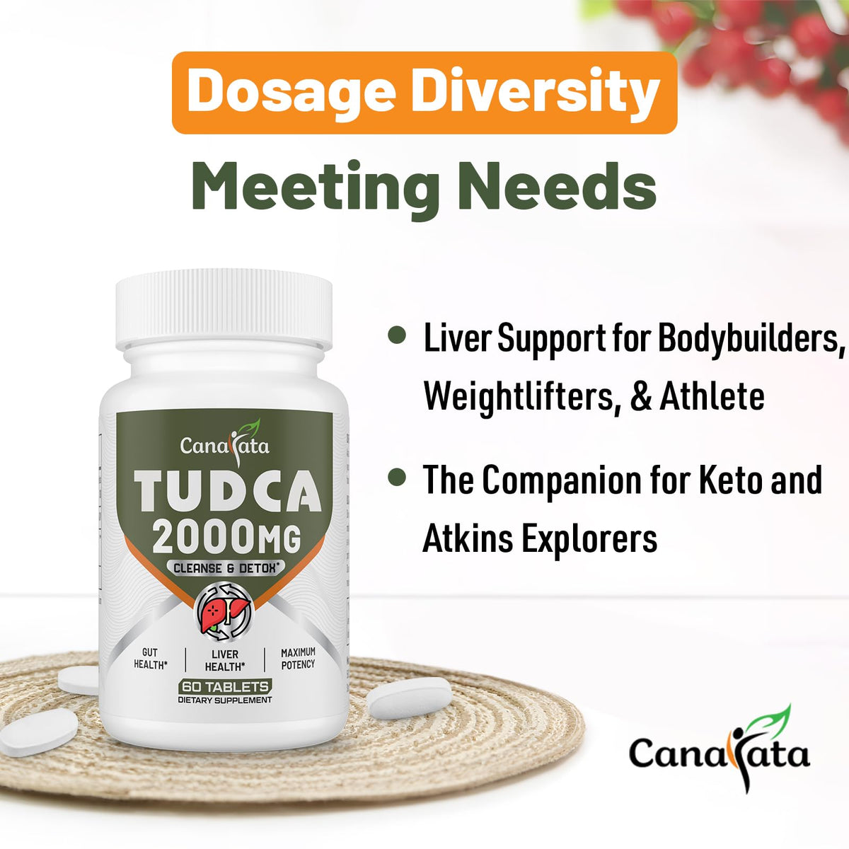 Canarata TUDCA 2000 mg comprimés sur une surface en bois