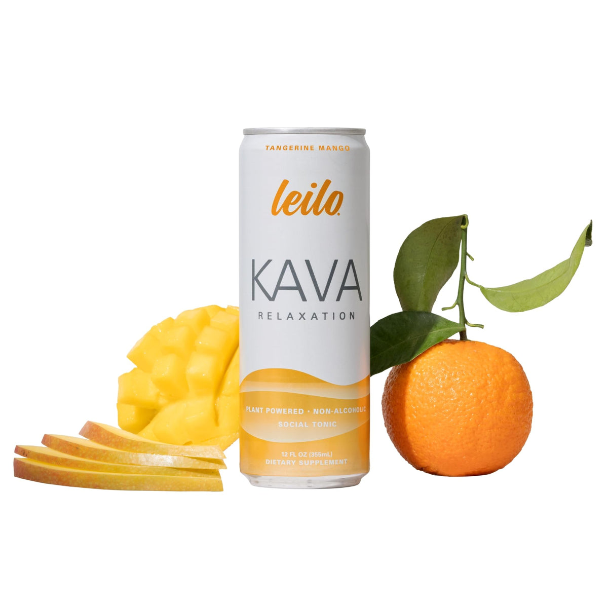 Canette de boisson pétillante LEILO Kava Tangerine Mango, vue de face
