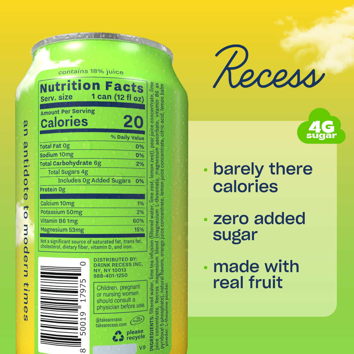 Canette Recess Mood Lime Citrus avec bulles et citron vert