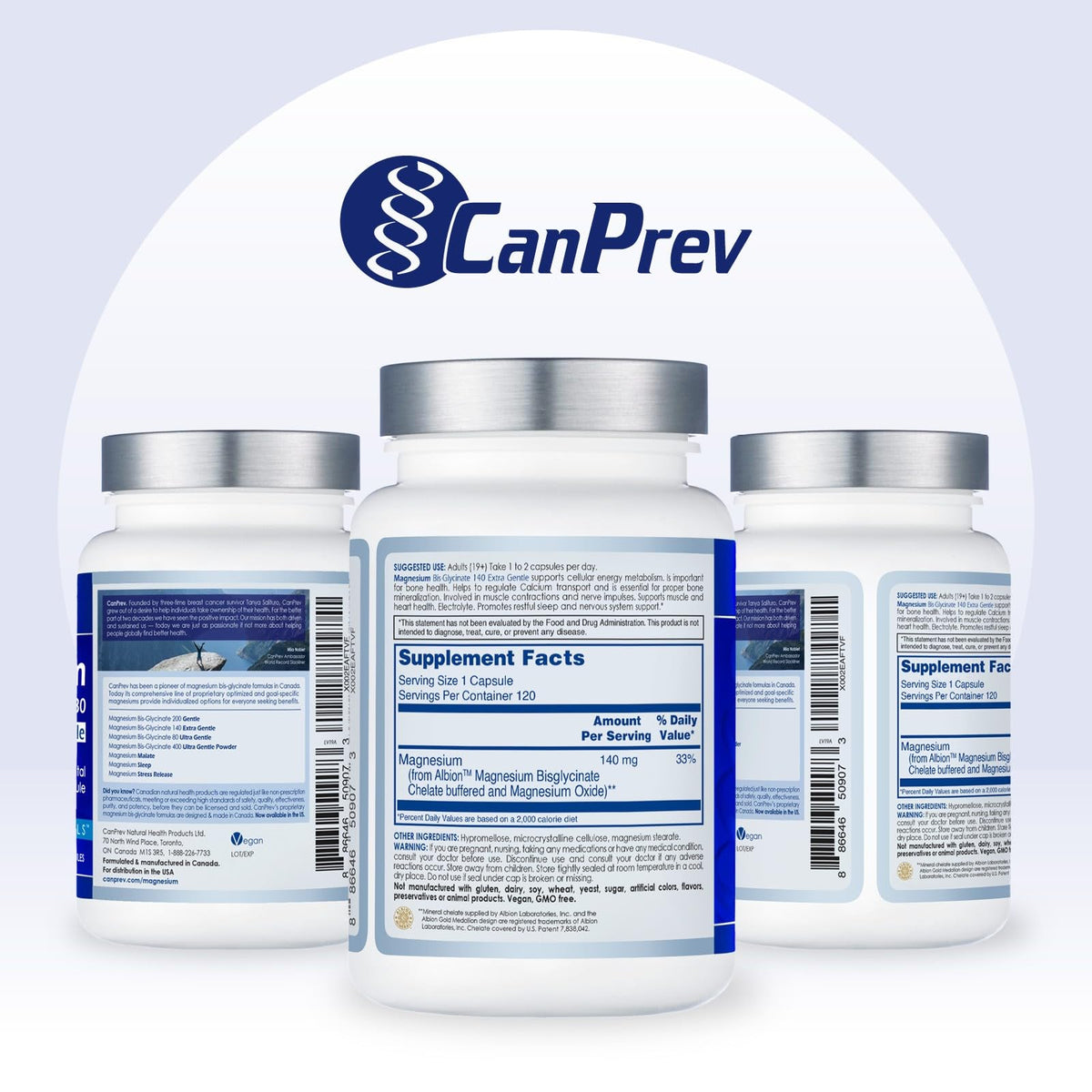 CanPrev Magnésium Glycinate 140mg, capsules avec des ingrédients naturels en arrière-plan