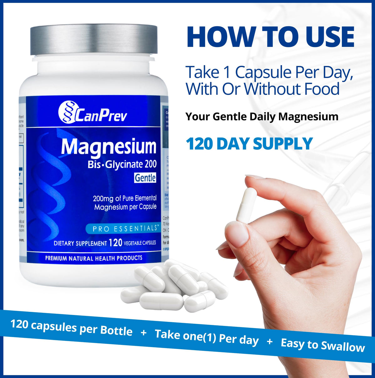 CanPrev Magnésium Glycinate 200mg 120 Capsules Végétales avec un verre d'eau