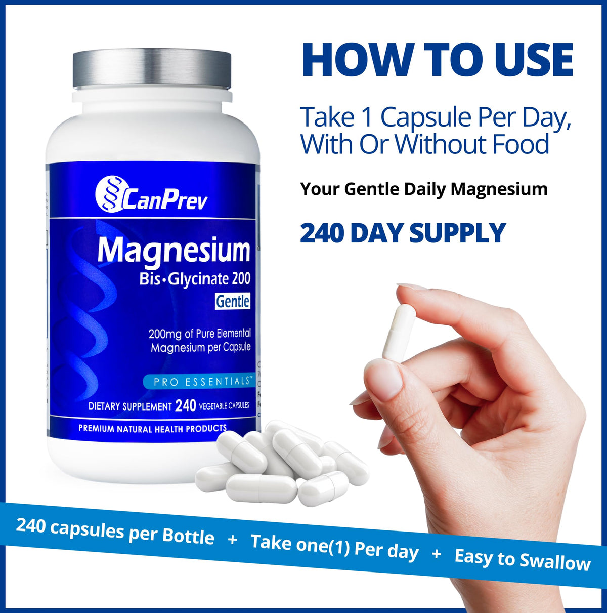 CanPrev Magnésium Glycinate 200mg capsules dans une main