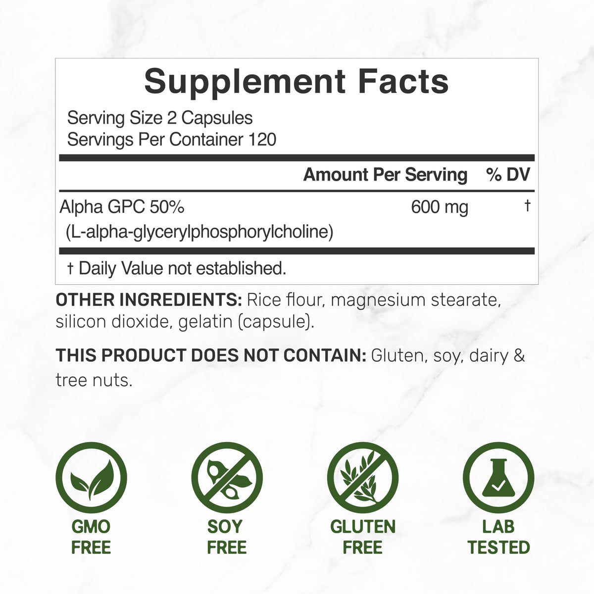 Capacités de capsules de DEAL SUPPLEMENT Alpha GPC 600 mg