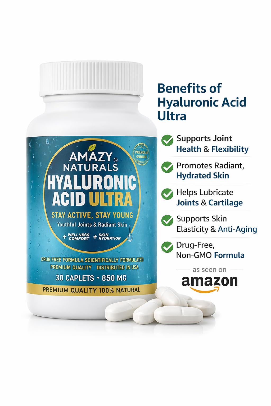 Caplet d'Acide Hyaluronique Ultra d'Amazy Naturals, gros plan