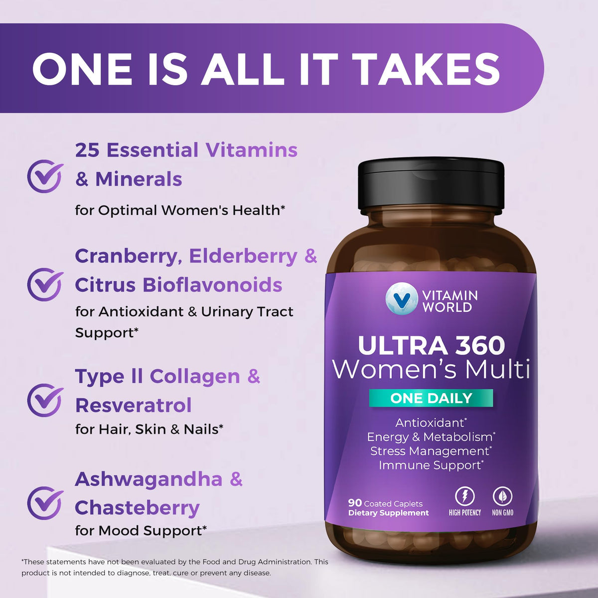 Caplet de la multivitamine Ultra 360 Femme sur une surface blanche