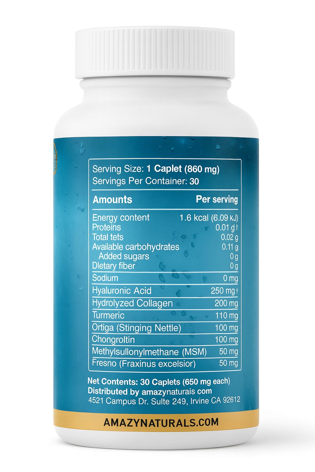 Caplets d'Acide Hyaluronique 860mg d'Amazy Naturals, présentation