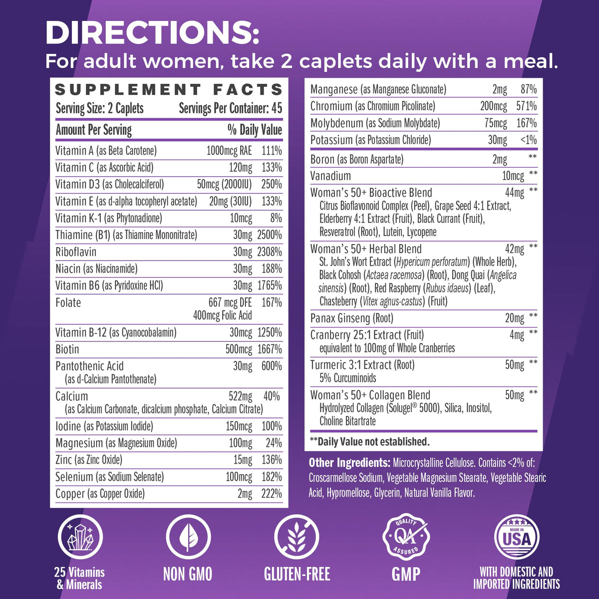 Caplets des multivitamines Ultra 360 pour femmes 50+, gros plan