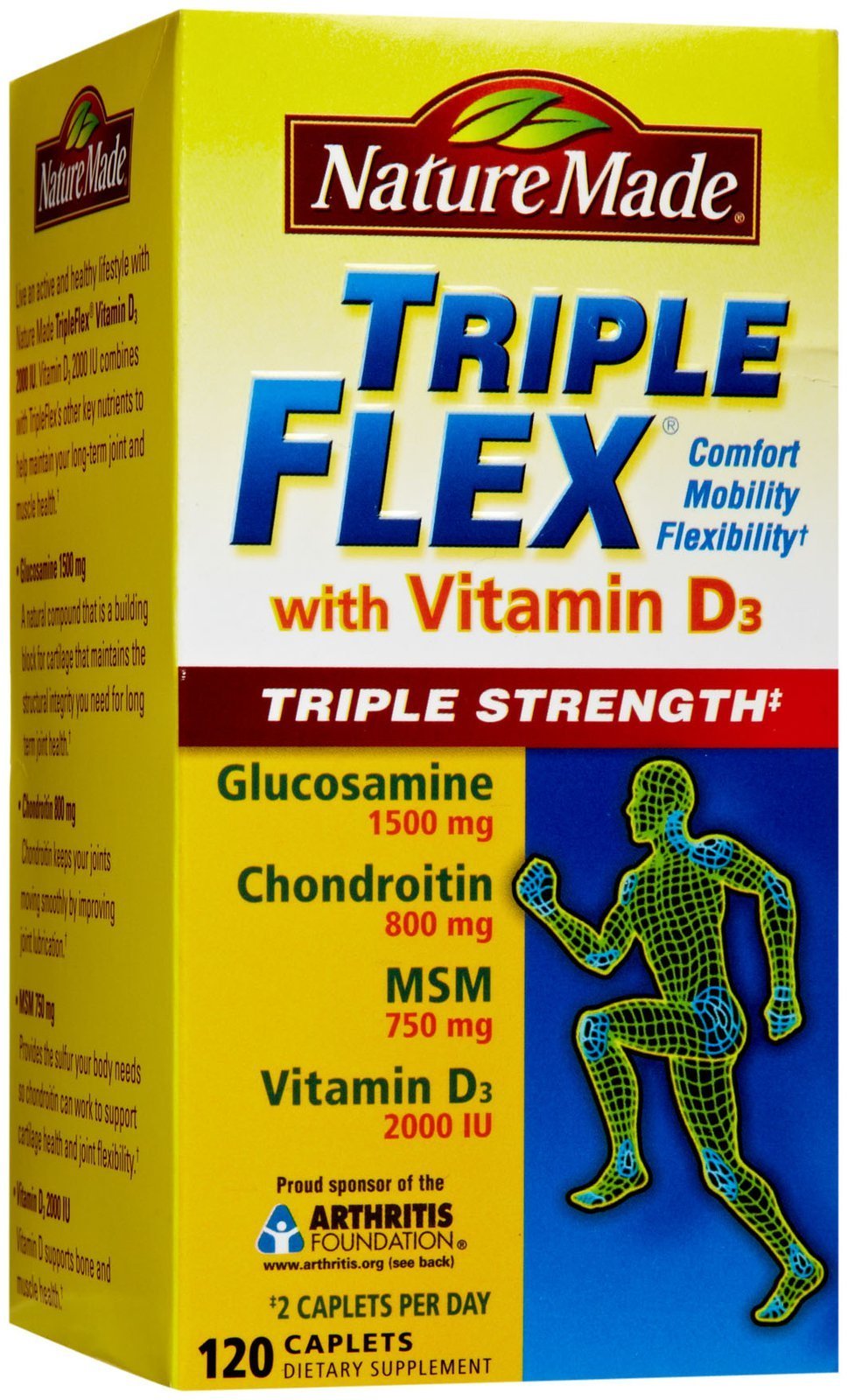 Caplets Nature Made TripleFlex montrant la taille et la forme