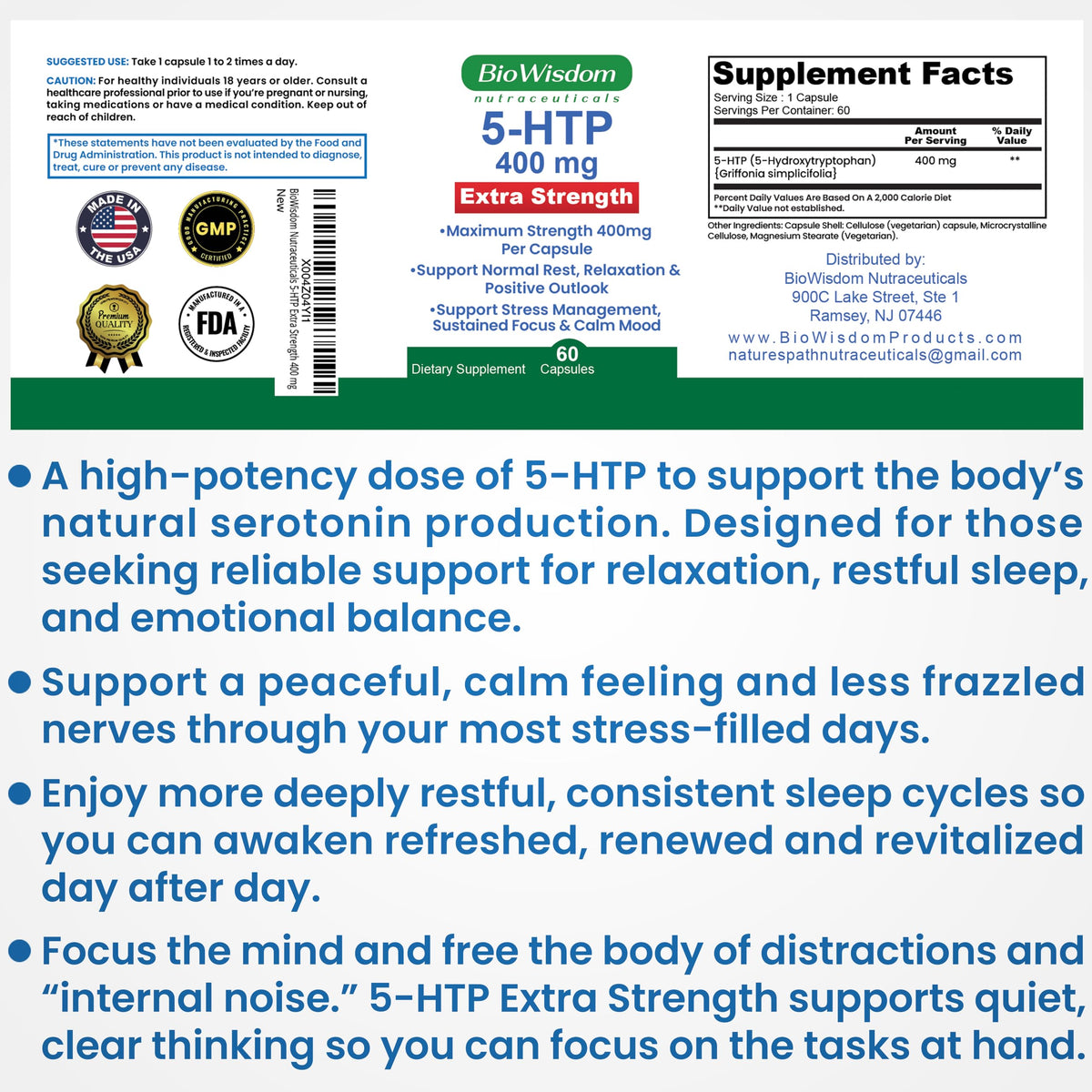 Capsule BioWisdom 5-HTP 400mg sur fond blanc