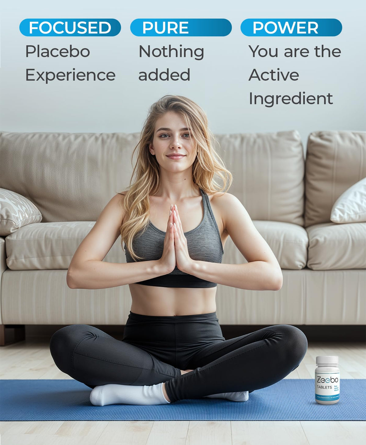 Capsule bleue et blanche de pilule placebo Zeebo sur une table