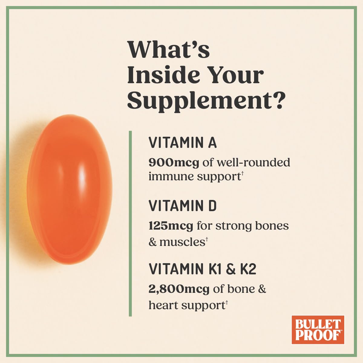 Capsule Bulletproof Vitamines A-D-K sur fond blanc
