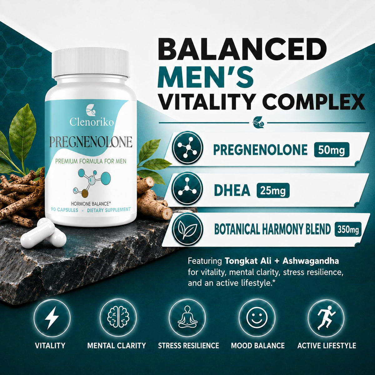 Capsule Clenoriko Pregnénolone 50mg DHEA 25mg sur fond blanc
