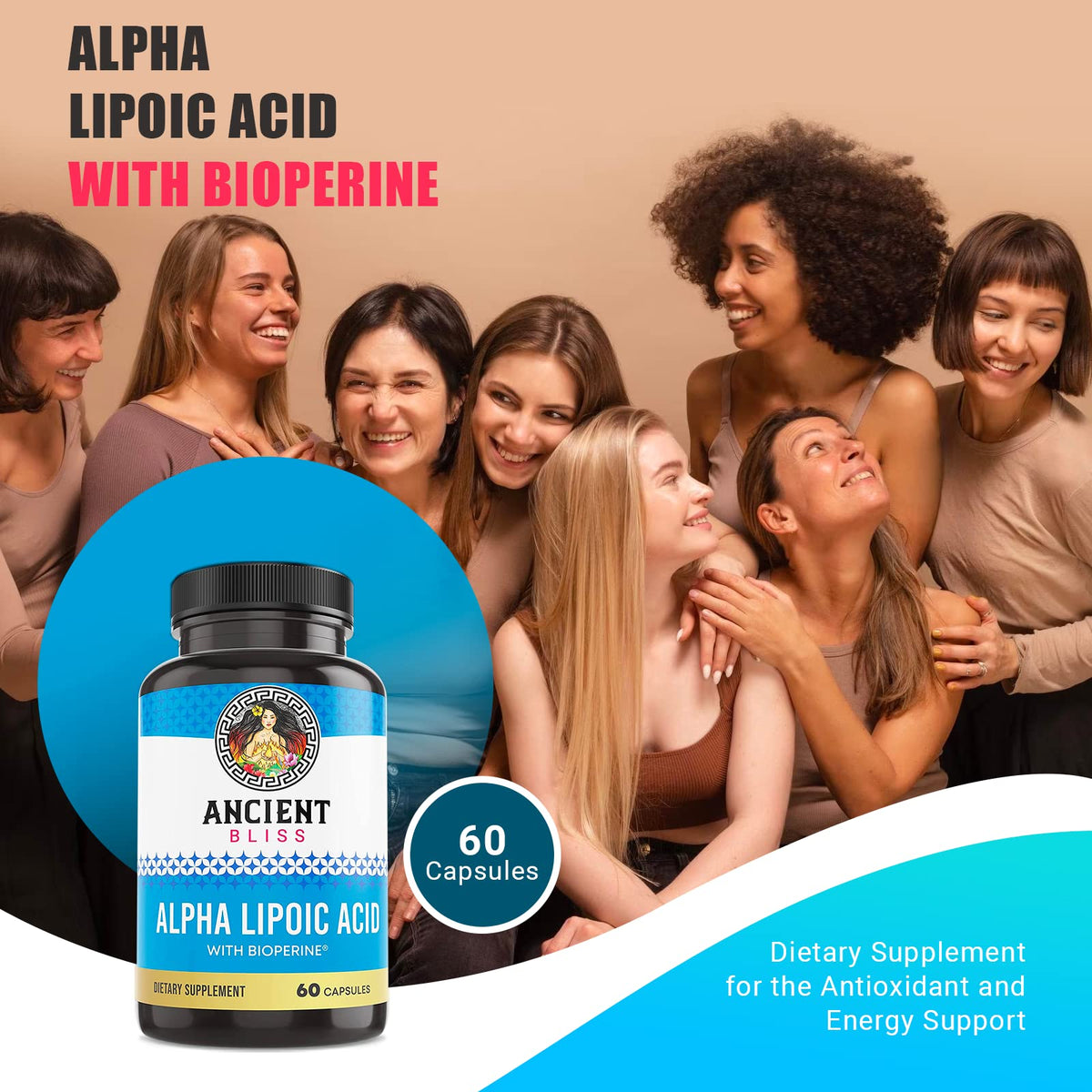 Capsule d'Ancient Bliss Acide Alpha-Lipoïque 600mg sur fond blanc