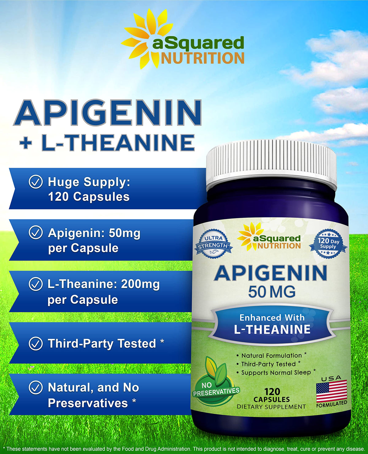 Capsule d'Apigenin 50mg et L-Theanine 200mg de aSquared Nutrition sur fond blanc