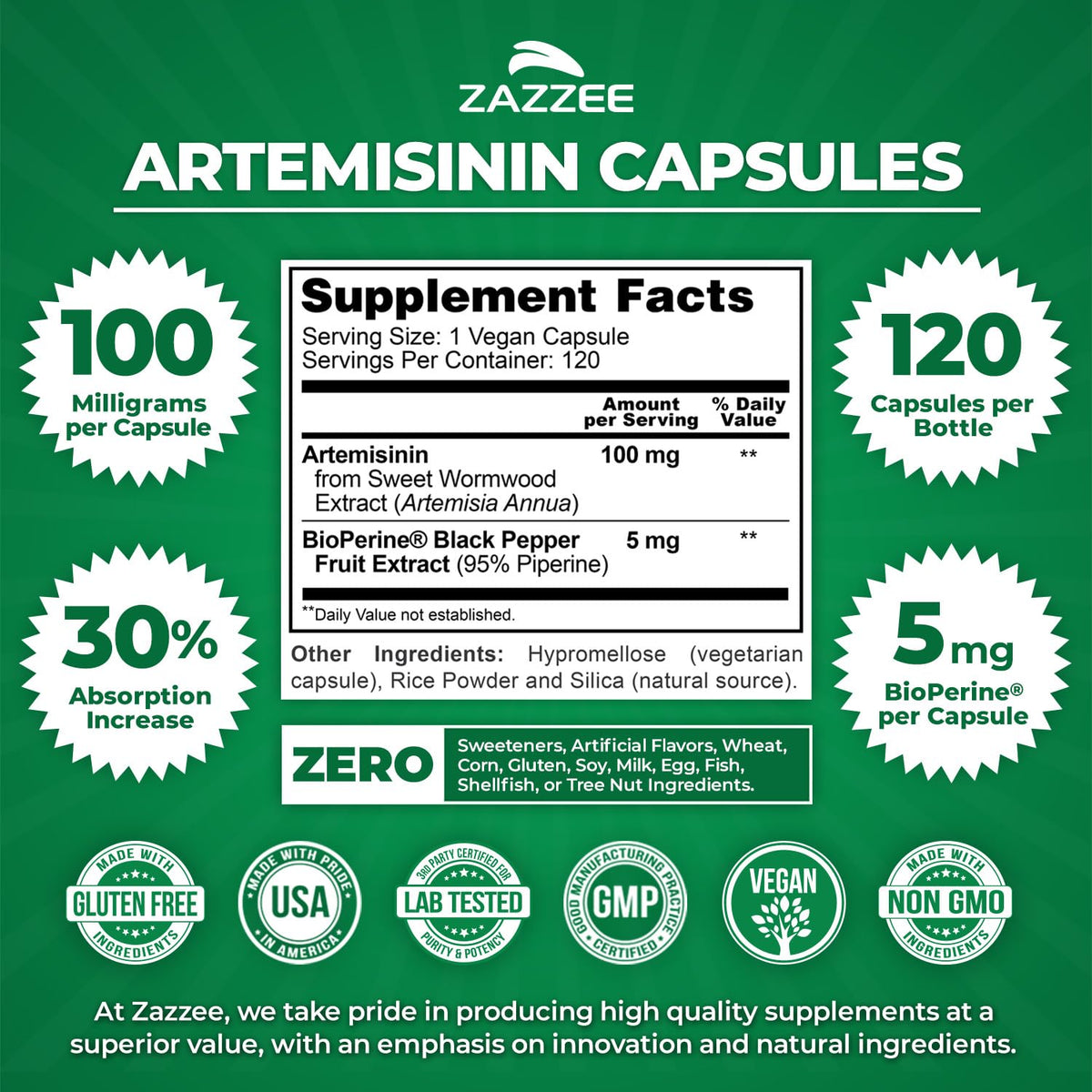 Capsule d'Artemisinin Zazzee montrant sa taille et sa couleur