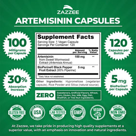 Capsule d'Artemisinin Zazzee montrant sa taille et sa couleur