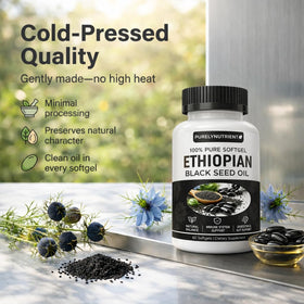 Capsule d'huile de graines noires PURELYNUTRIENT avec étiquette visible