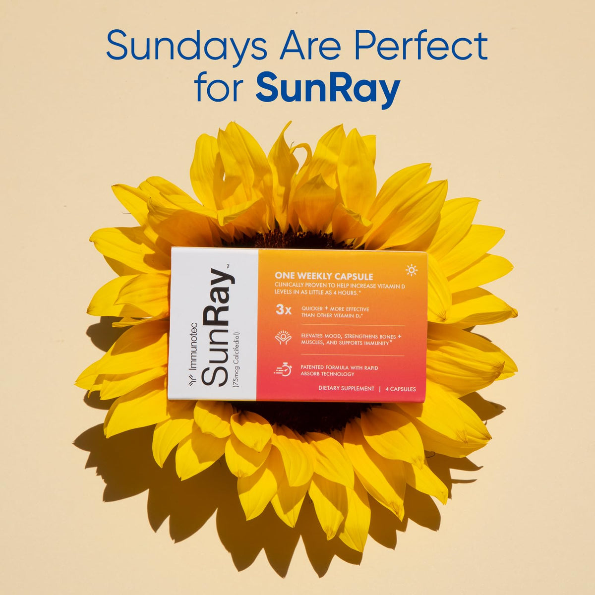 Capsule daily wellness Sunray® de vitamine D sur une surface blanche