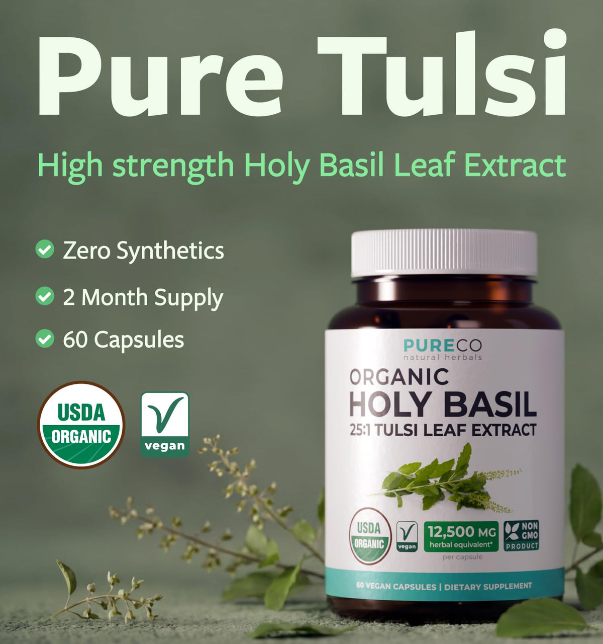 Capsule de basilic sacré PURE CO sur une table