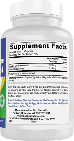 Capsule de Best Naturals Acétyl L-Carnitine sur fond blanc