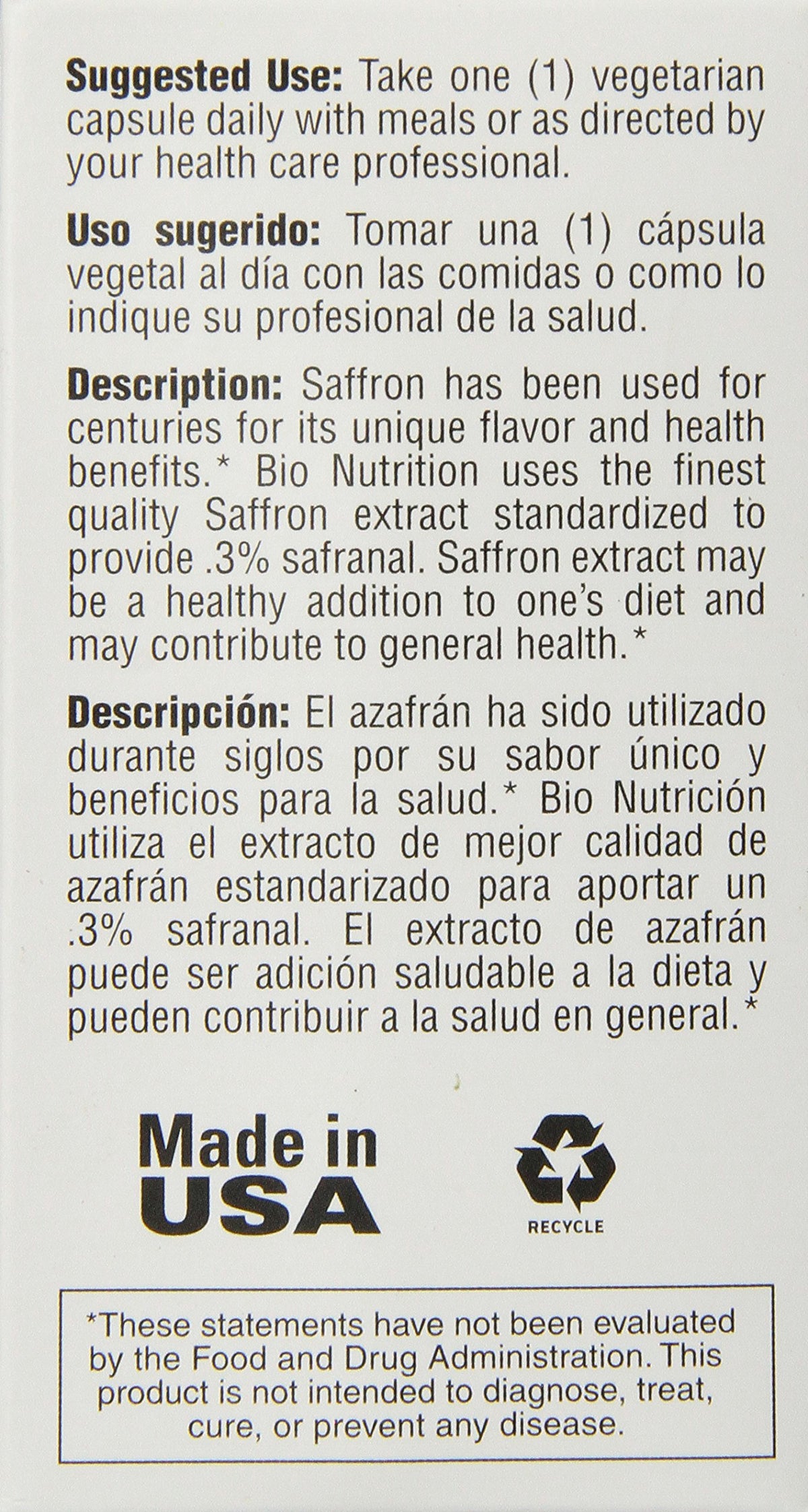 Capsule de Bio Nutrition Saffron montrant l'extrait de safran