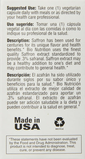 Capsule de Bio Nutrition Saffron montrant l'extrait de safran