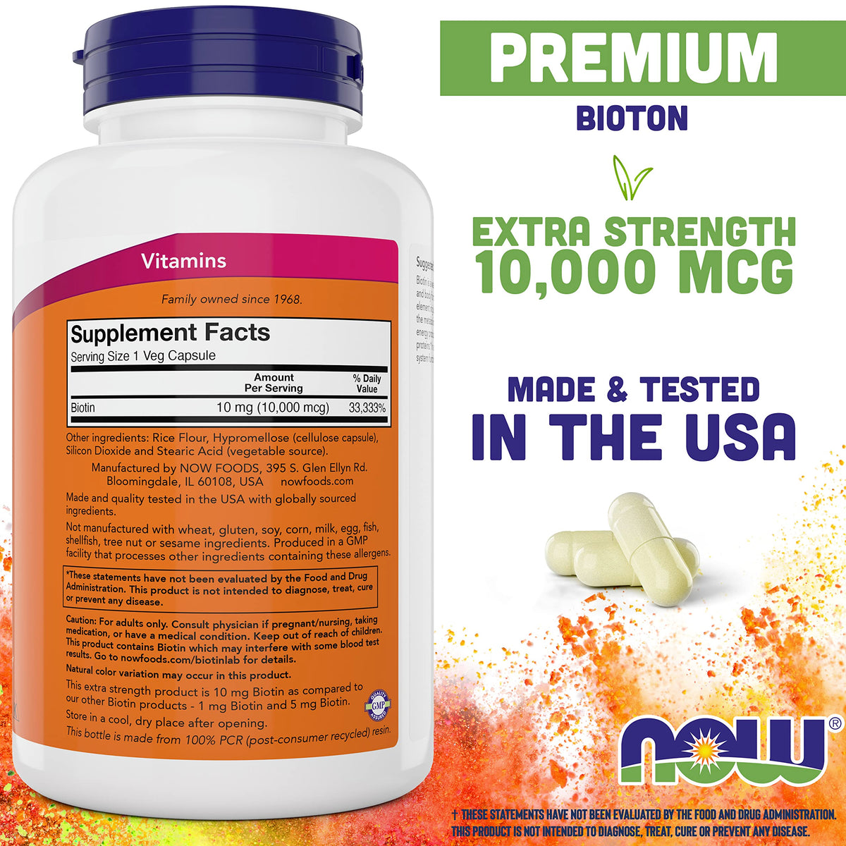 Capsule de biotine NOW Foods sur fond blanc