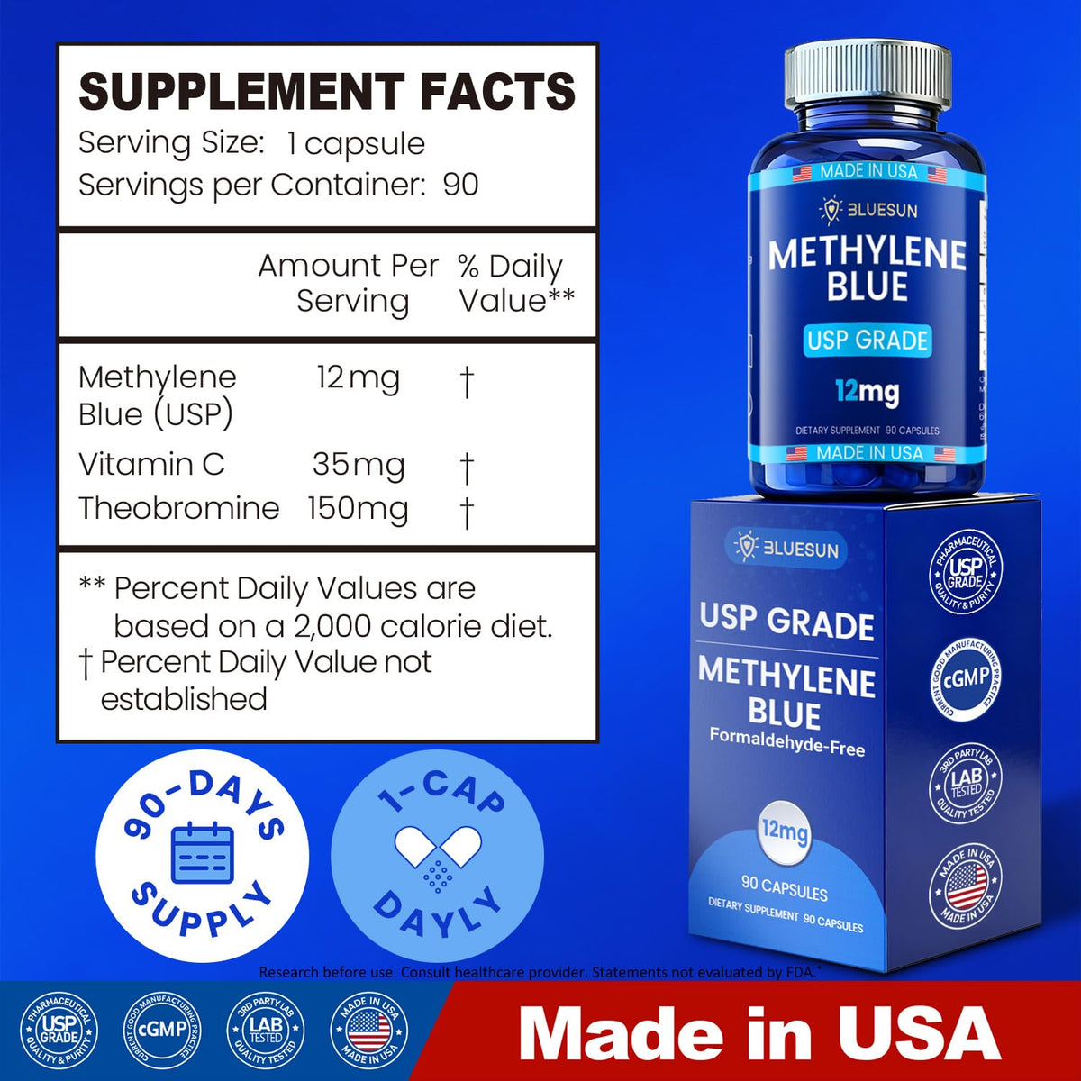 Capsule de Bleu de Méthylène Bluesun montrant la couleur bleue