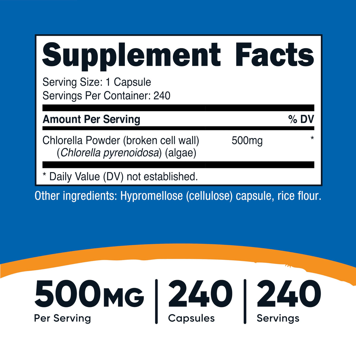 Capsule de chlorelle Nutricost 500mg, vue de près