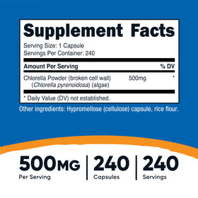 Capsule de chlorelle Nutricost 500mg, vue de près