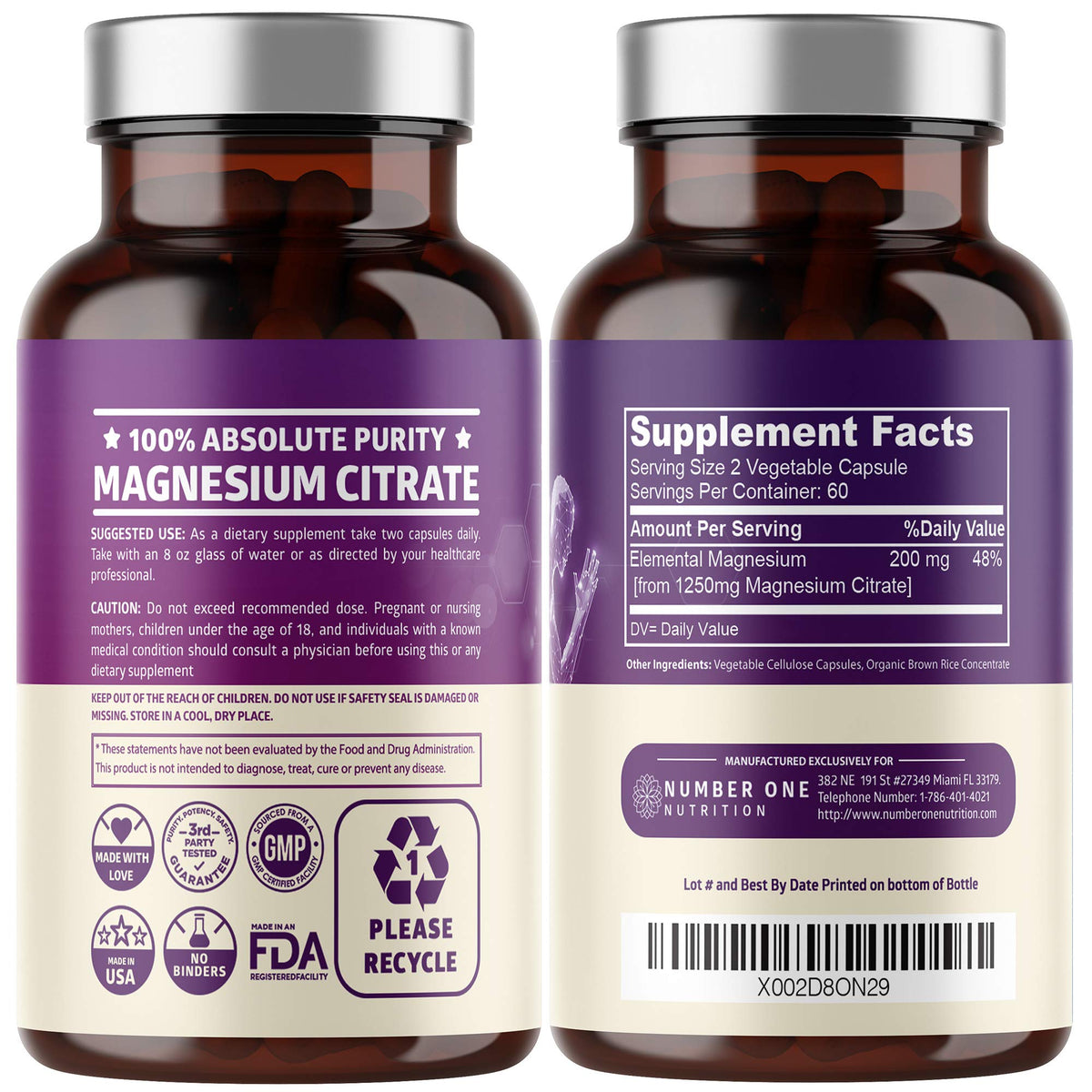 Capsule de citrate de magnésium pur de Number One Nutrition vue de près