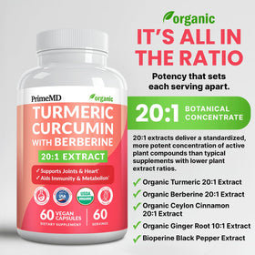Capsule de complément alimentaire Curcuma 5-en-1 PrimeMD sur fond blanc