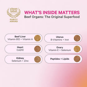 Capsule de complément alimentaire organique de bœuf Pink Stork sur fond blanc