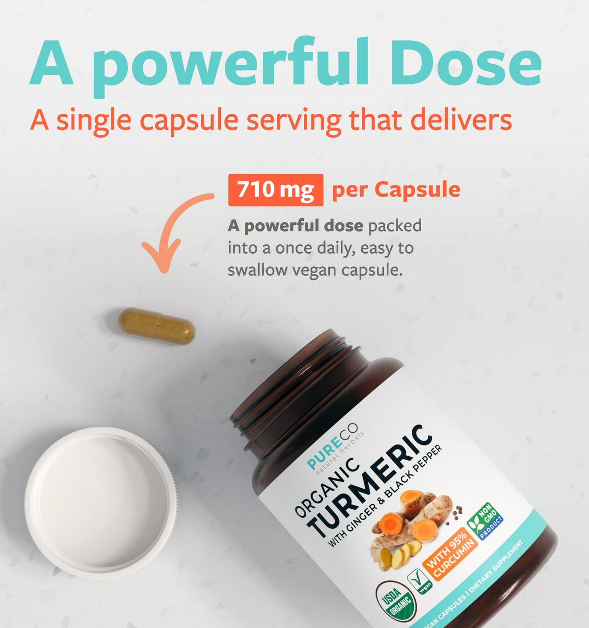 Capsule de curcuma bio PURE CO tenue dans une main