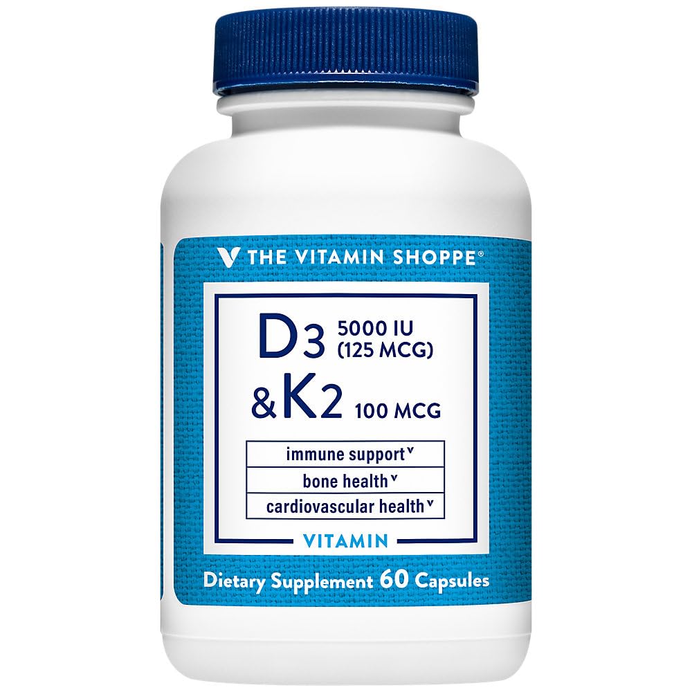 Capsule de D3 & K2 MK7 de The Vitamin Shoppe en gros plan