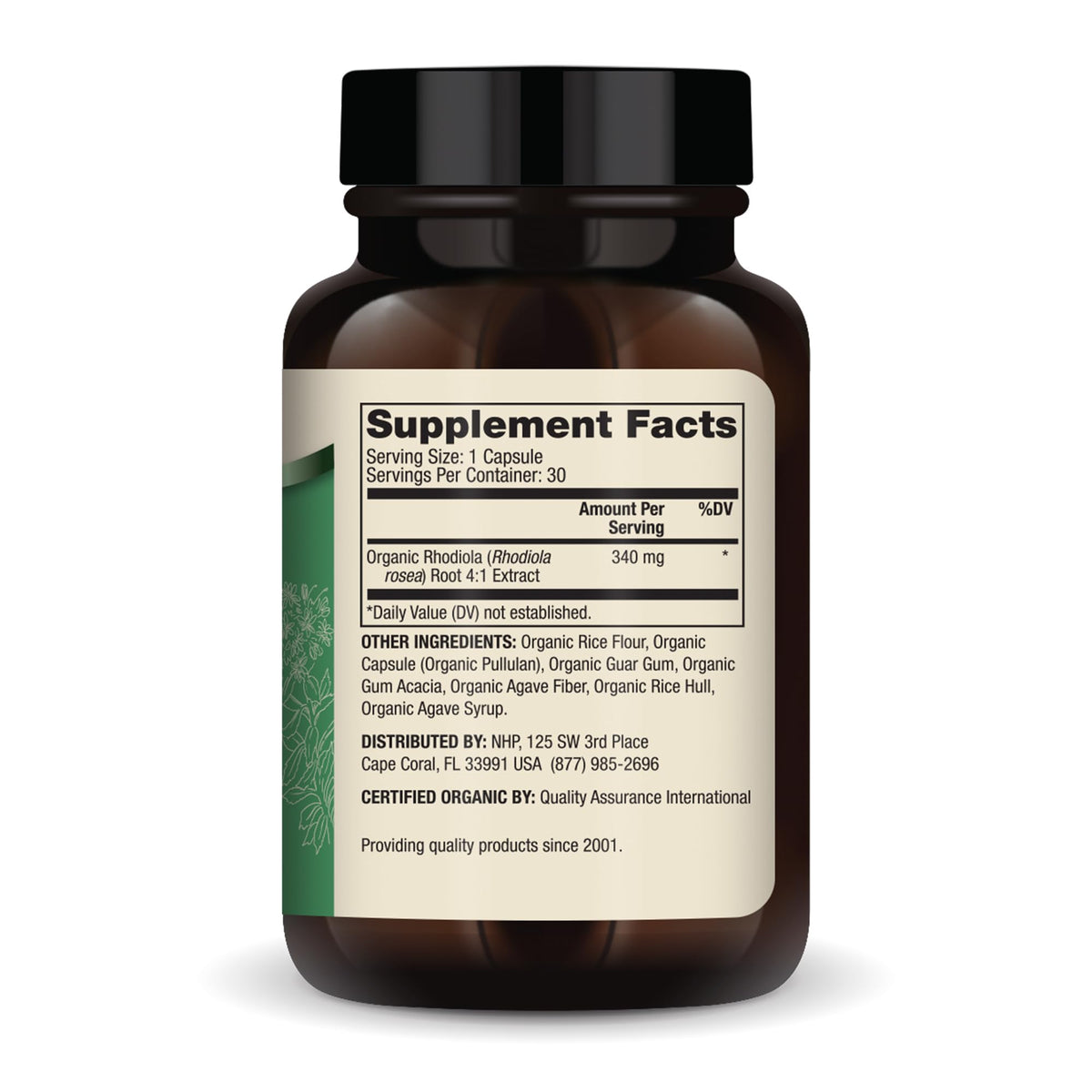 Capsule de Dr. Mercola Extrait de Rhodiola Bio montrant la taille et la forme