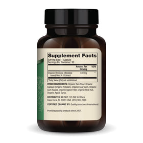 Capsule de Dr. Mercola Extrait de Rhodiola Bio montrant la taille et la forme